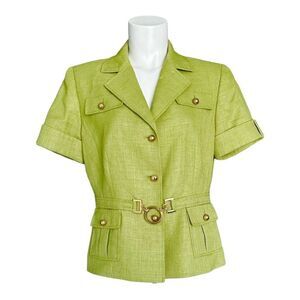 Tahari Arthur S.‎ Levine Women’s Green Belted Textured Button-Up Blouse Size 10P